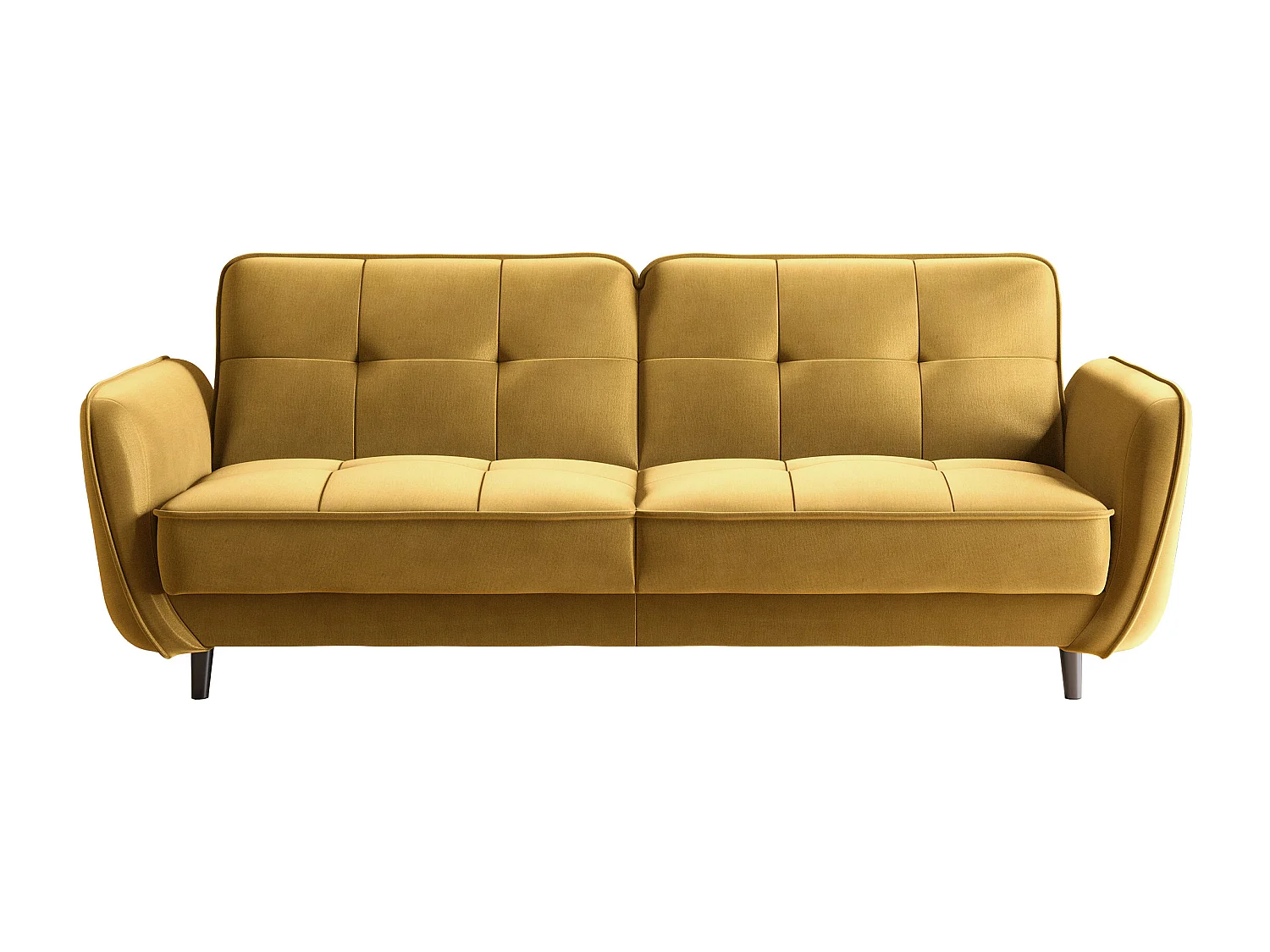 Canapé convertible 3 places velours jaune moutarde capitonné et pieds bois noir Bizza 220cm