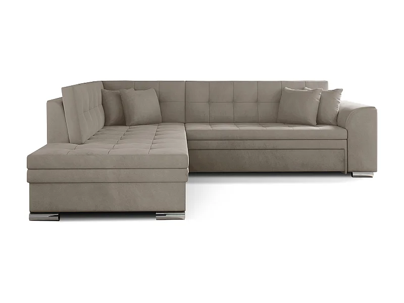 Canapé convertible angle gauche velours beige clair et chromé Pika 260cm