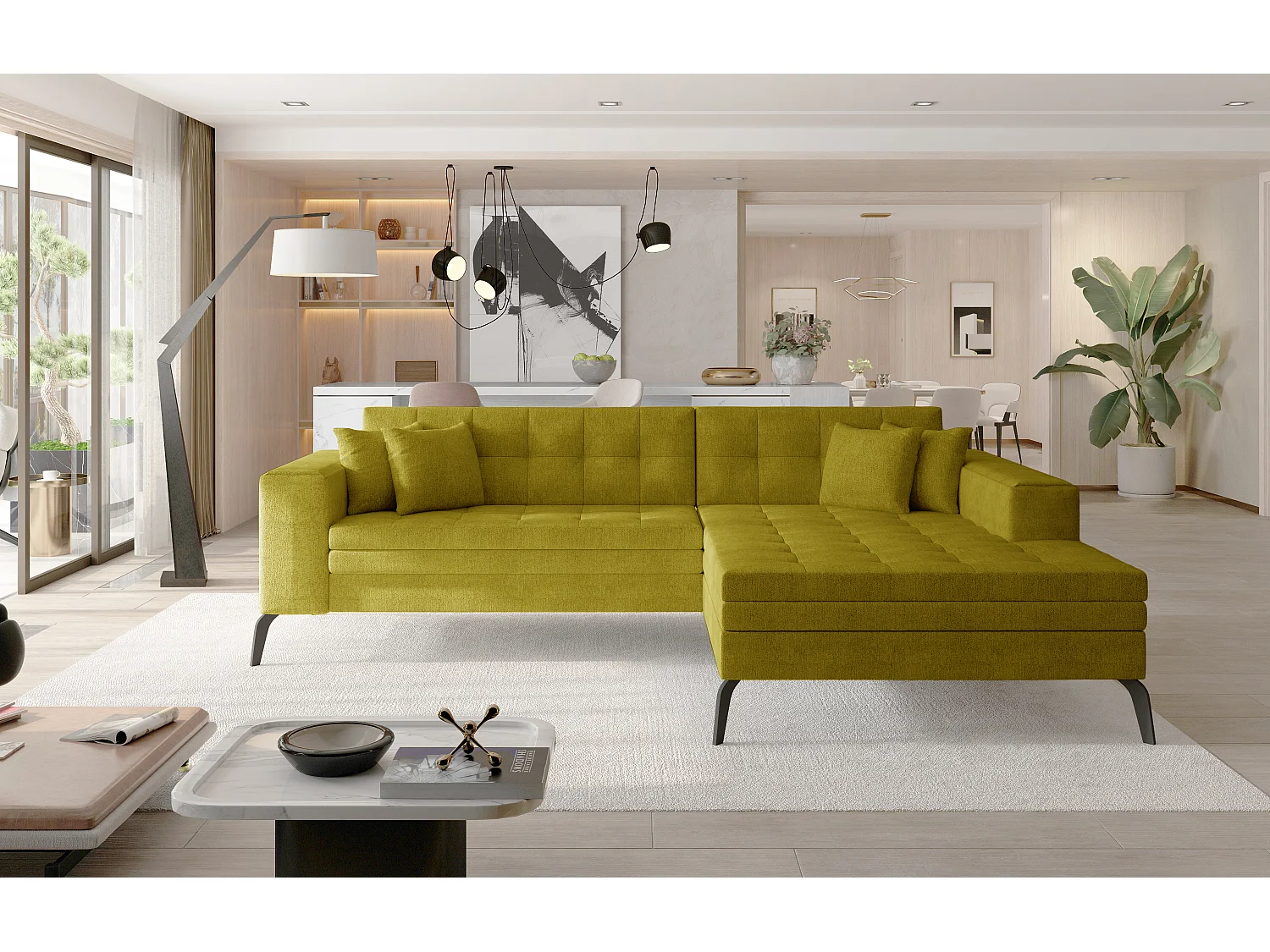 Canapé convertible capitonné angle droit tissu jaune moutarde et pieds métal noir Lazor 295cm