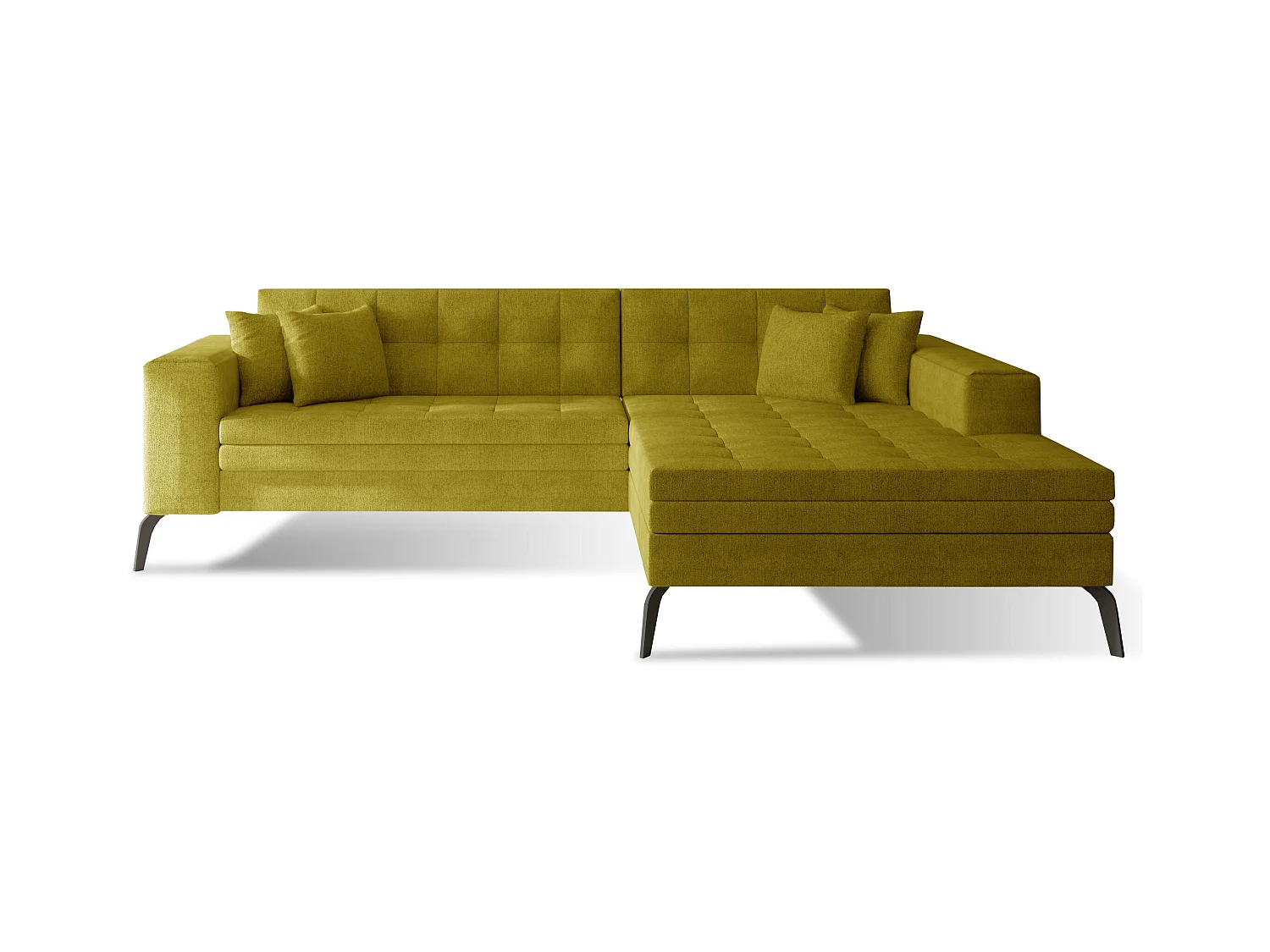 Canapé convertible capitonné angle droit tissu jaune moutarde et pieds métal noir Lazor 295cm