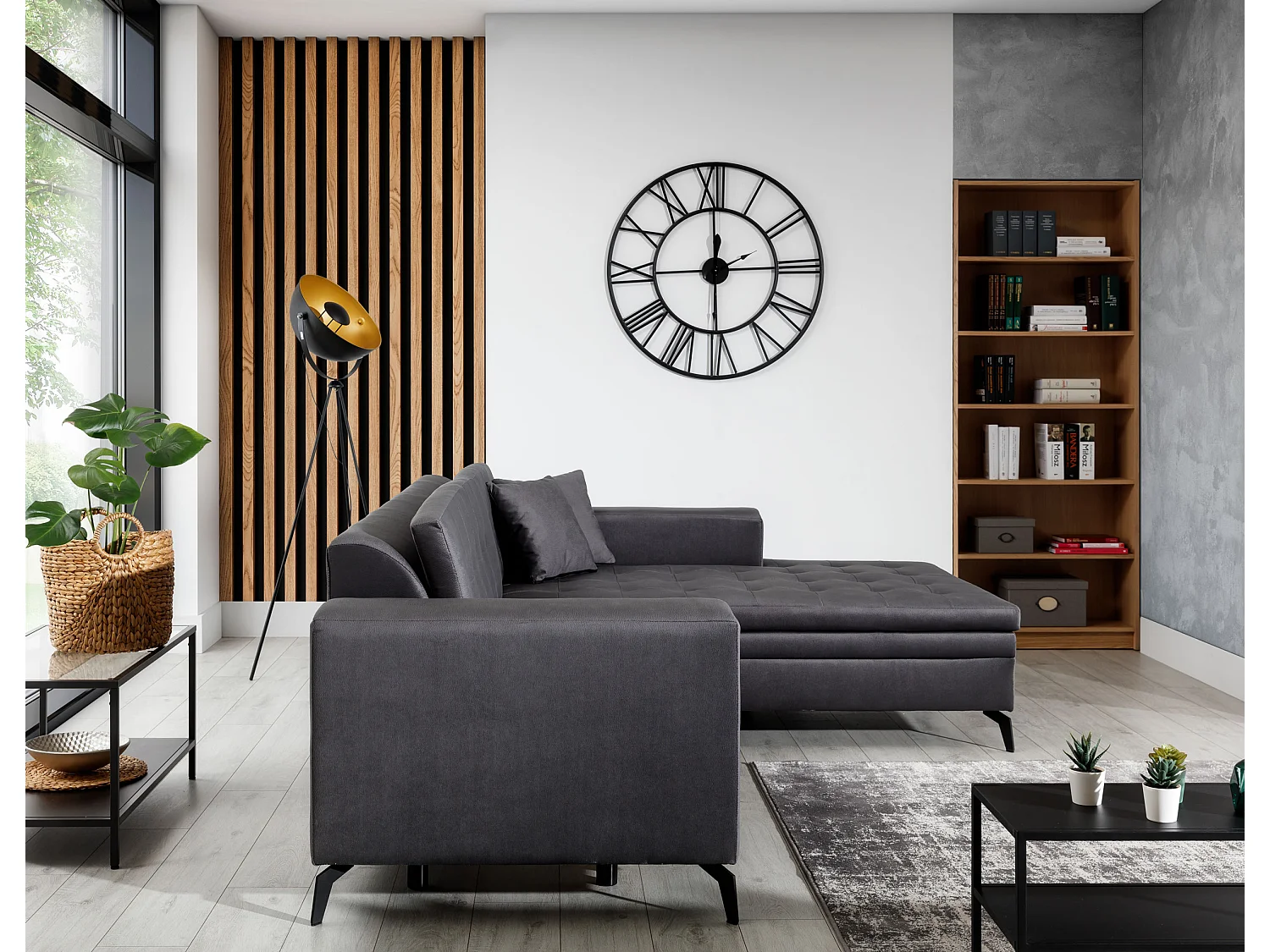 Canapé convertible capitonné angle droit tissu jaune moutarde et pieds métal noir Lazor 295cm