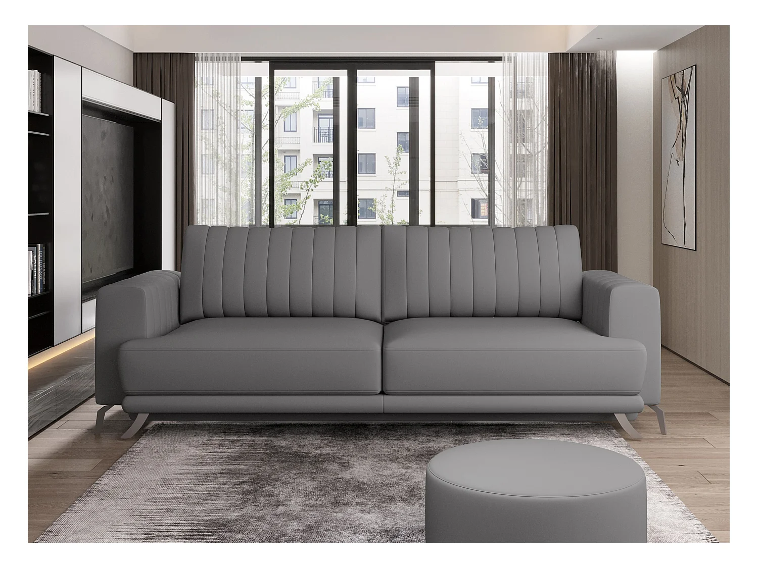 Canapé convertible design 3-4 places simili cuir gris et pieds acier chromé Eliza 250cm