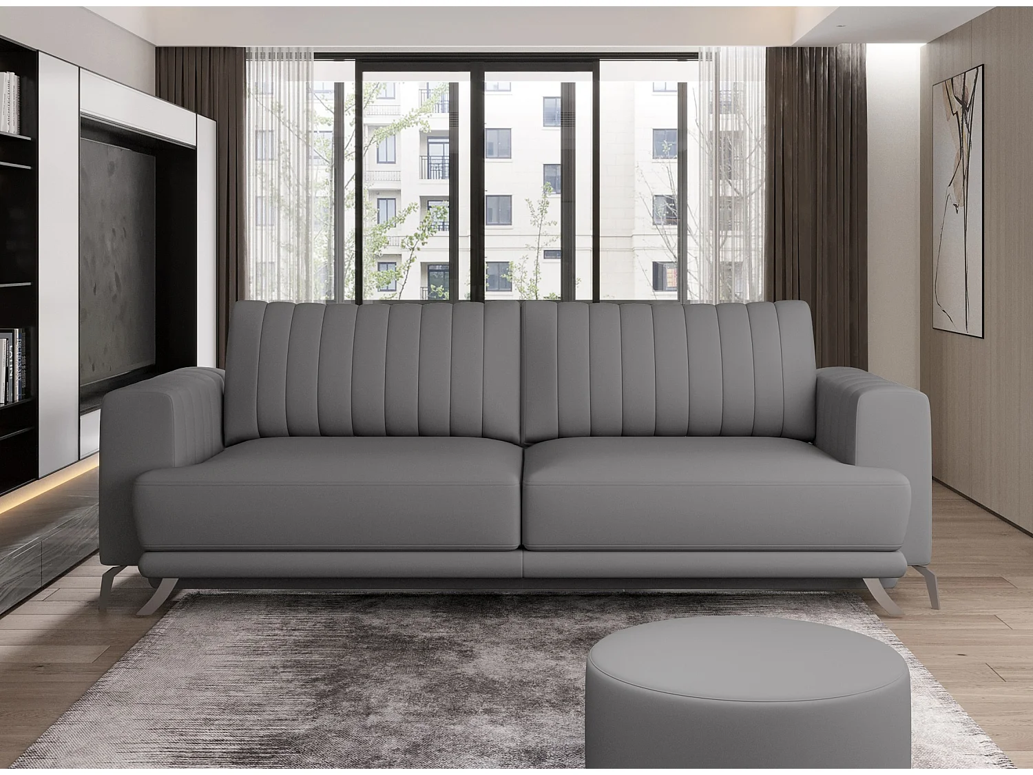 Canapé convertible design 3-4 places simili cuir gris et pieds acier chromé Eliza 250cm