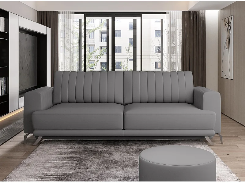 Canapé convertible design 3-4 places simili cuir gris et pieds acier chromé Eliza 250cm