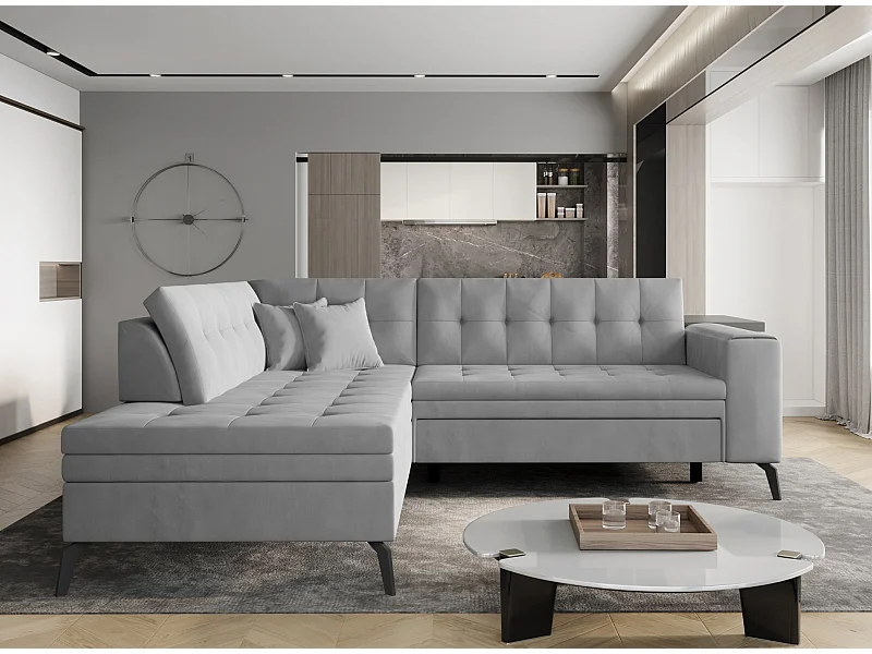 Canapé convertible capitonné angle gauche tissu doux brillant gris clair Larry 260cm