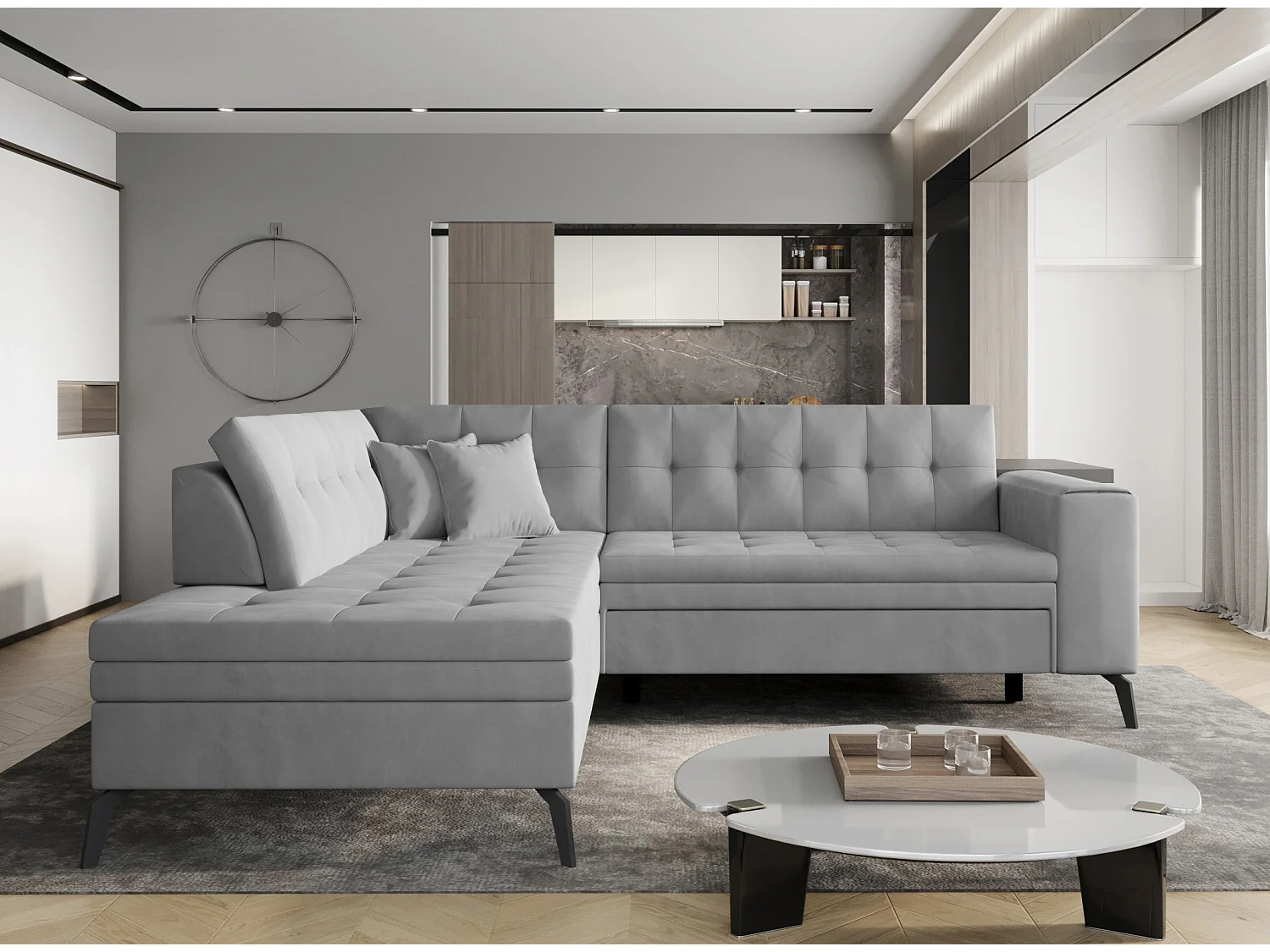 Canapé convertible capitonné angle gauche tissu doux brillant gris clair Larry 260cm