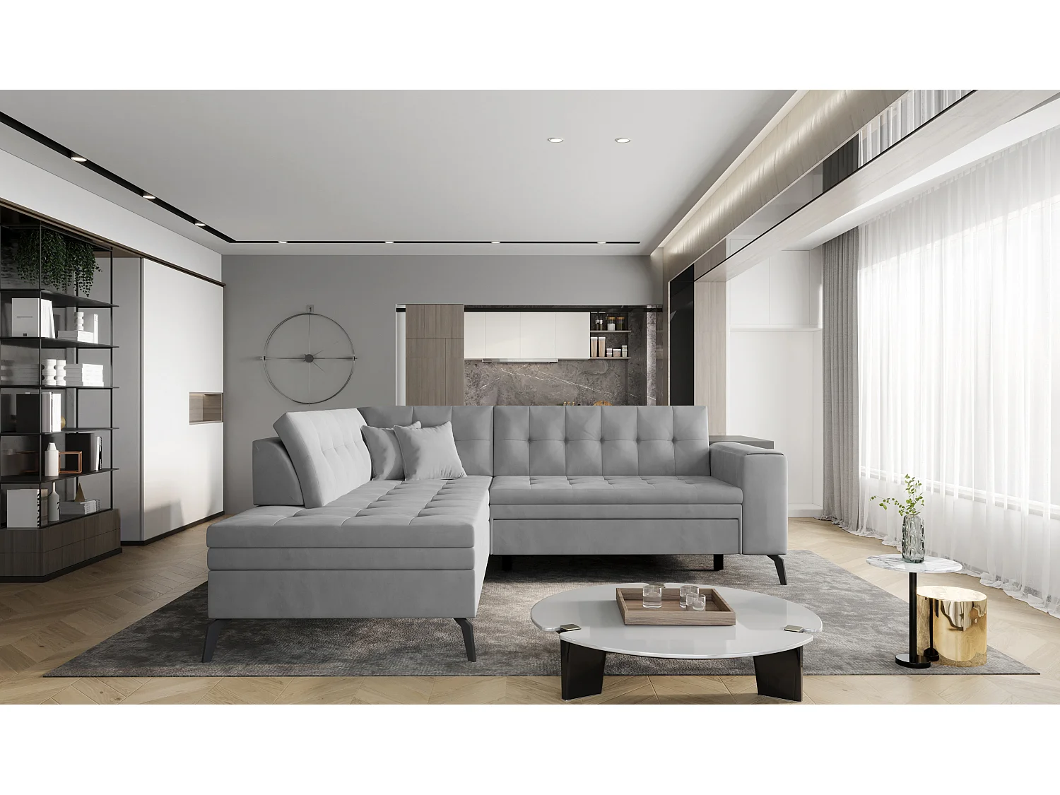 Canapé convertible capitonné angle gauche tissu doux brillant gris clair Larry 260cm