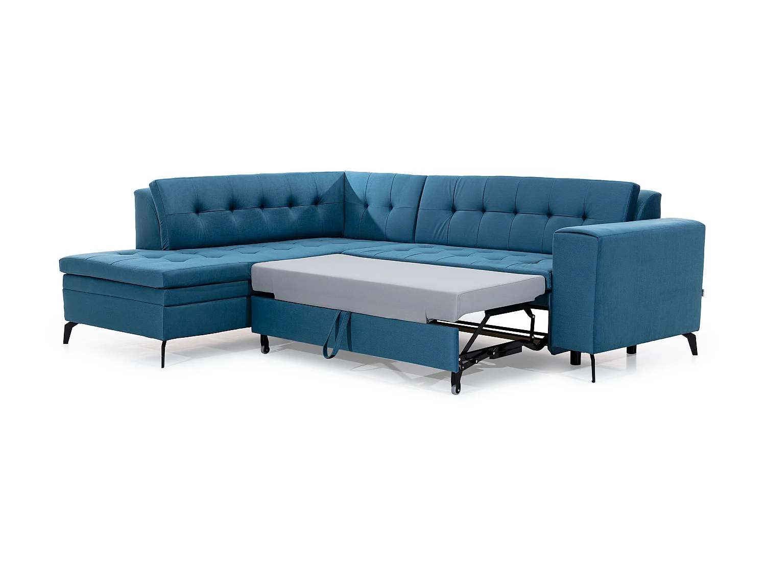 Canapé convertible capitonné angle gauche tissu doux brillant gris clair Larry 260cm