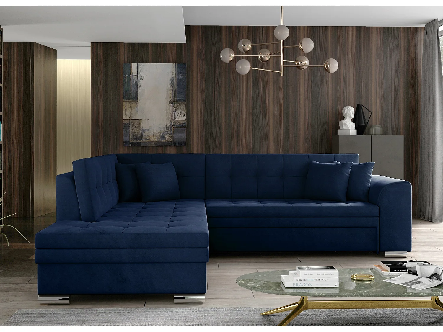 Canapé convertible angle gauche velours bleu nuit et chromé Pika 260cm