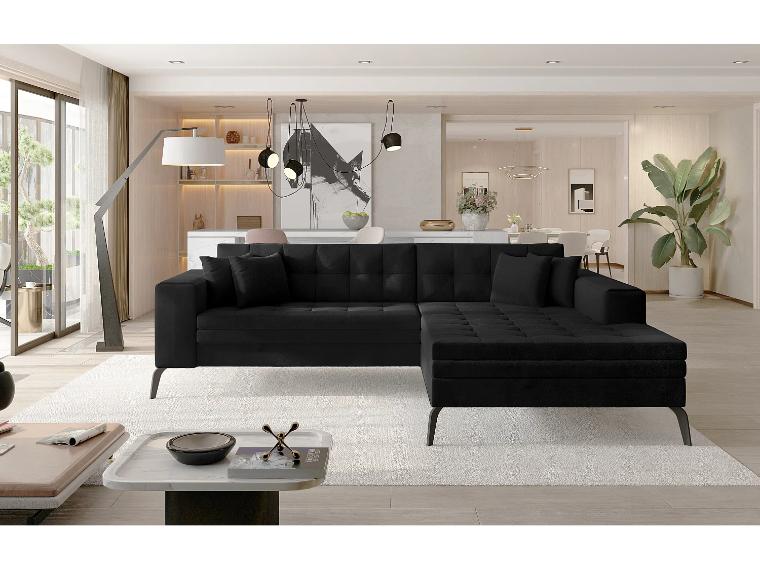 Canapé convertible capitonné angle droit velours noir et pieds métal noir Lazor 295cm