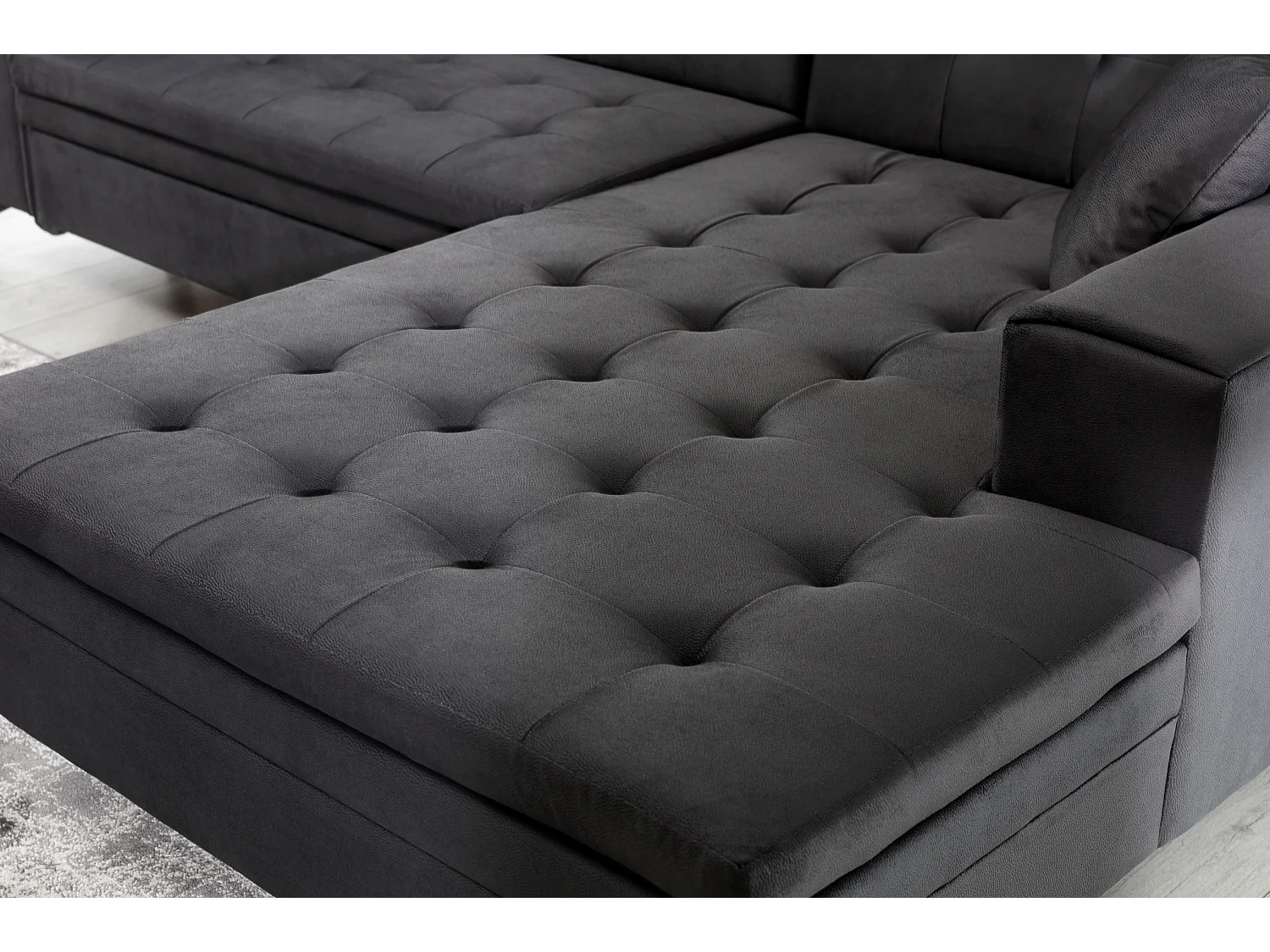 Canapé convertible capitonné angle droit velours noir et pieds métal noir Lazor 295cm