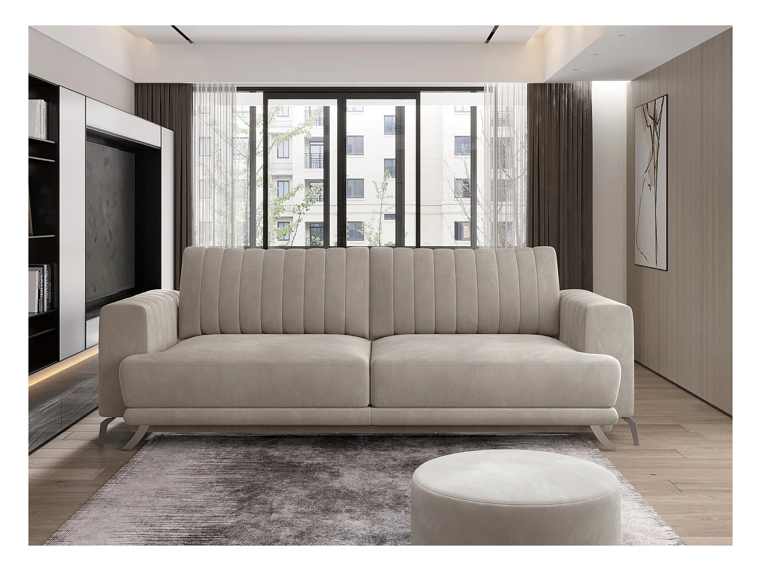 Canapé convertible design 3-4 places velours beige et pieds acier chromé Eliza 250cm