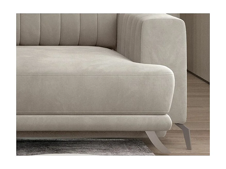 Canapé convertible design 3-4 places velours beige et pieds acier chromé Eliza 250cm