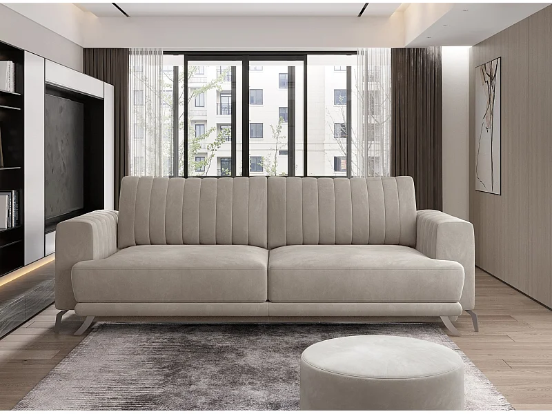 Canapé convertible design 3-4 places velours beige et pieds acier chromé Eliza 250cm