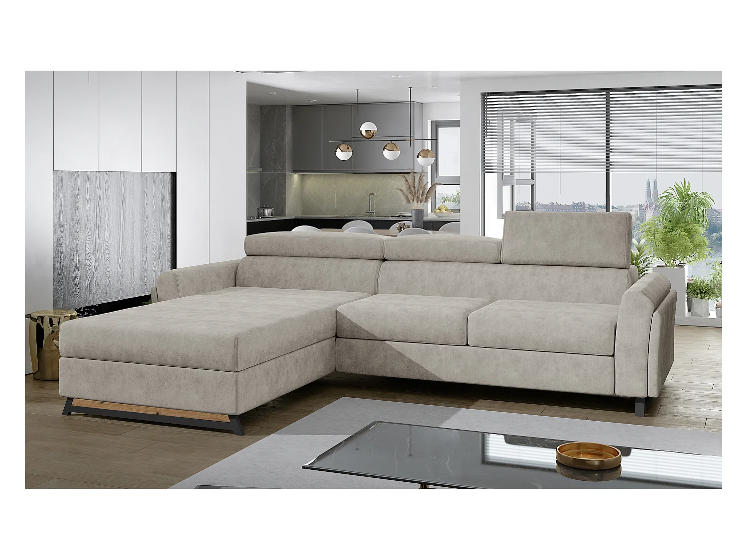 Canapé angle gauche convertible tissu beige avec appuis-tête réglables Mazerali 300cm