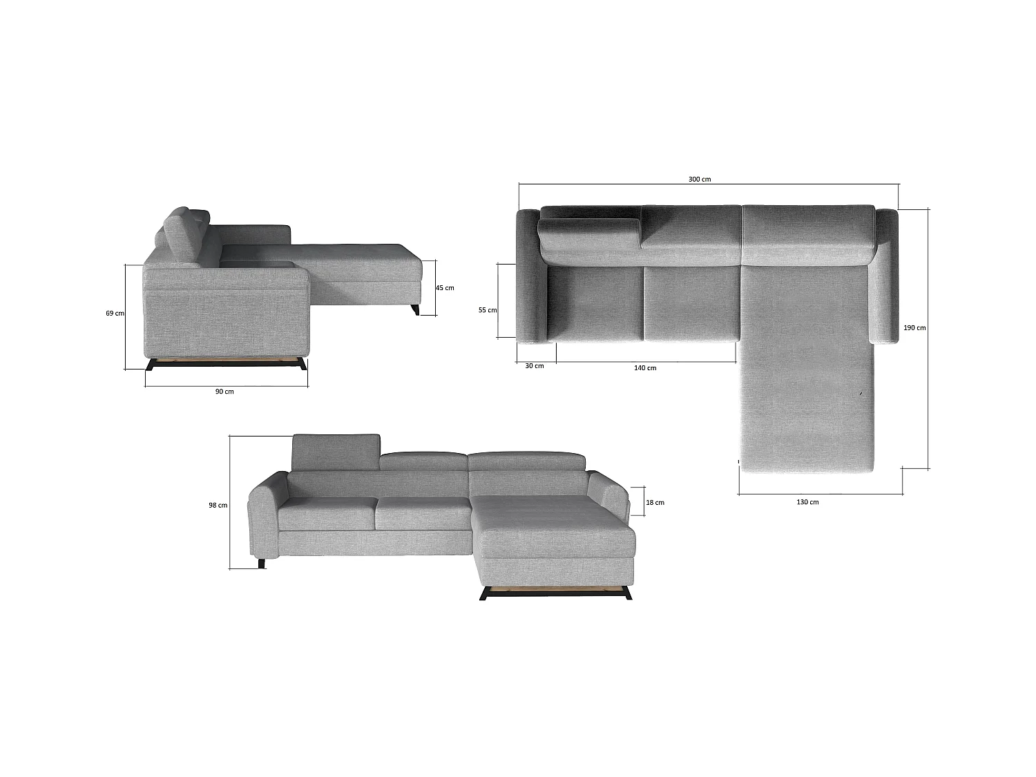 Canapé angle gauche convertible tissu beige avec appuis-tête réglables Mazerali 300cm