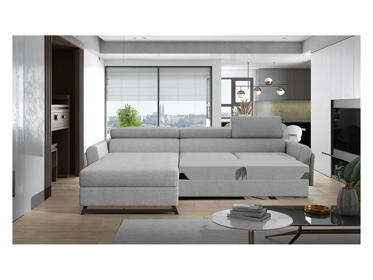 Canapé angle gauche convertible tissu beige avec appuis-tête réglables Mazerali 300cm