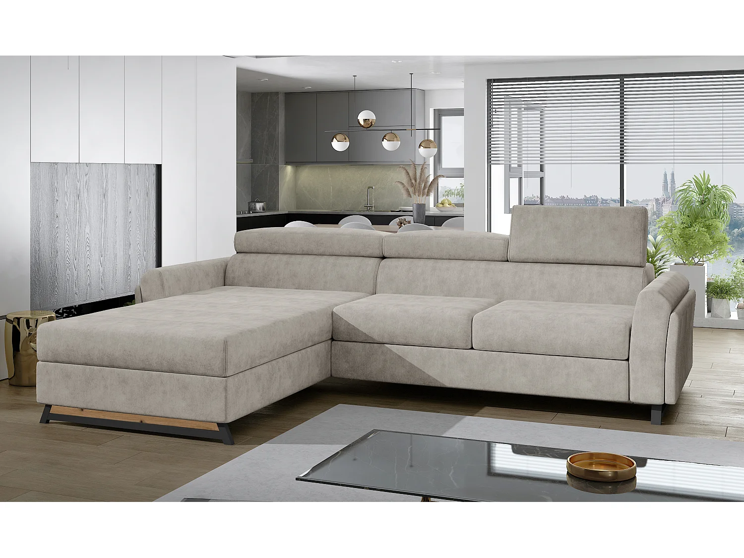 Canapé angle gauche convertible tissu beige avec appuis-tête réglables Mazerali 300cm