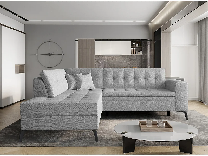 Canapé convertible capitonné angle gauche tissu gris clair chiné Larry 260cm