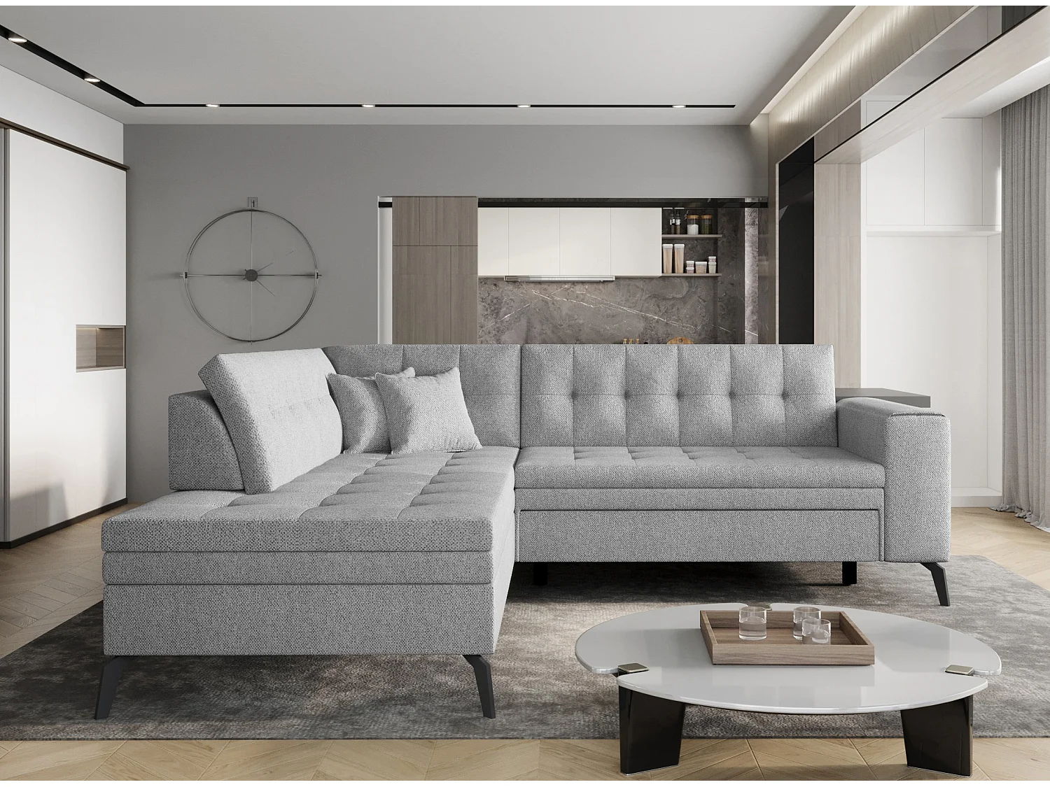 Canapé convertible capitonné angle gauche tissu gris clair chiné Larry 260cm