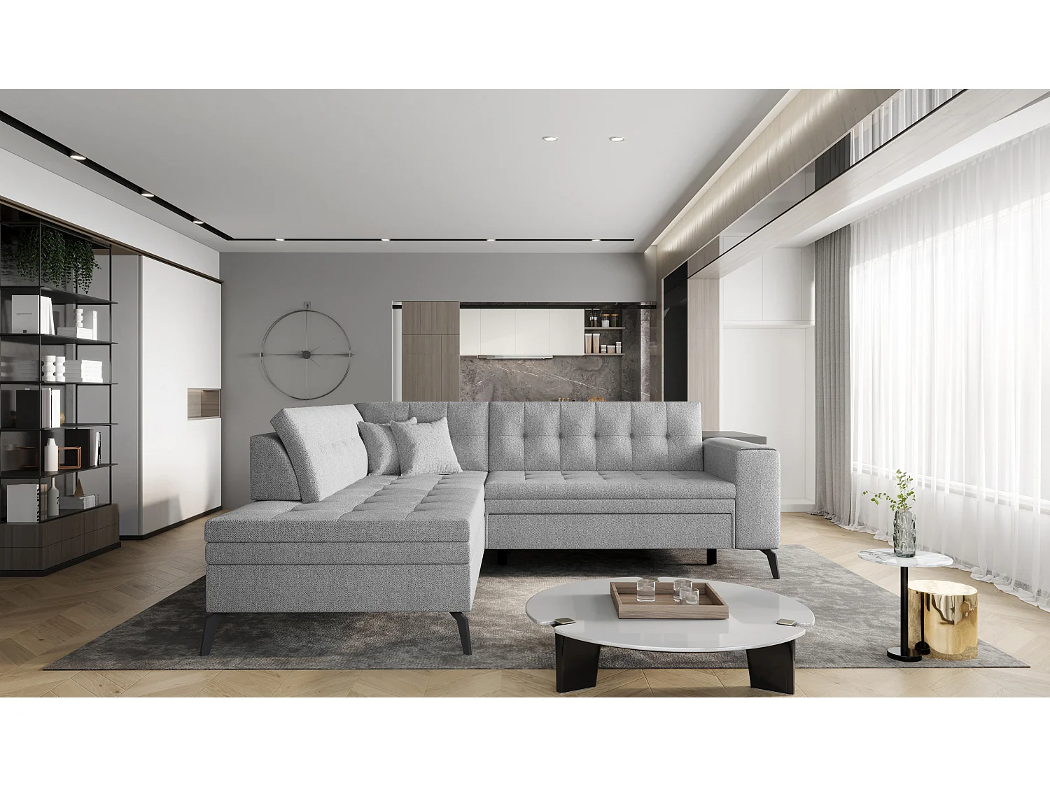 Canapé convertible capitonné angle gauche tissu gris clair chiné Larry 260cm