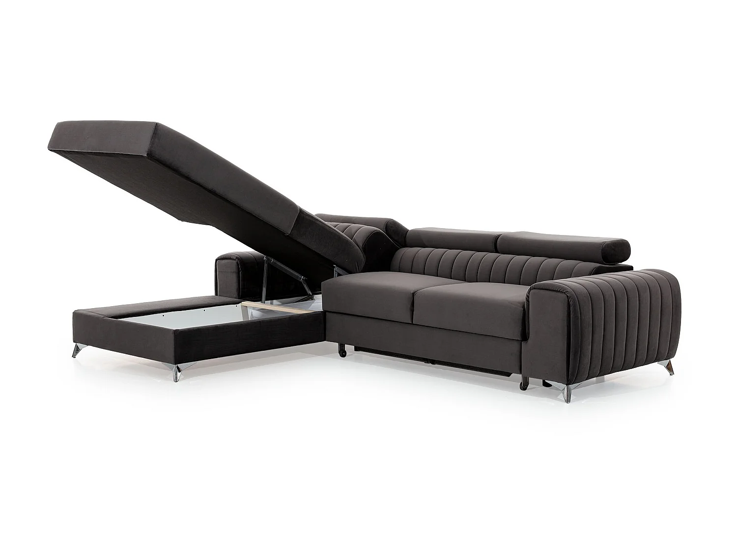 Canapé convertible angle gauche vintage tissu effet cuir noir Grenky 276cm