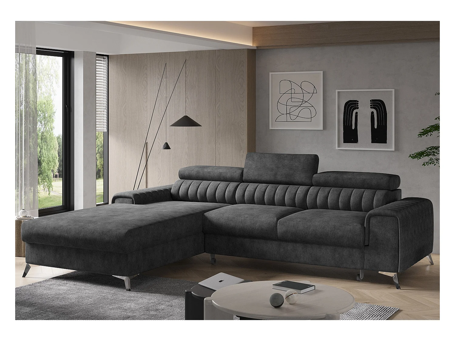 Canapé convertible angle gauche vintage tissu effet cuir noir Grenky 276cm