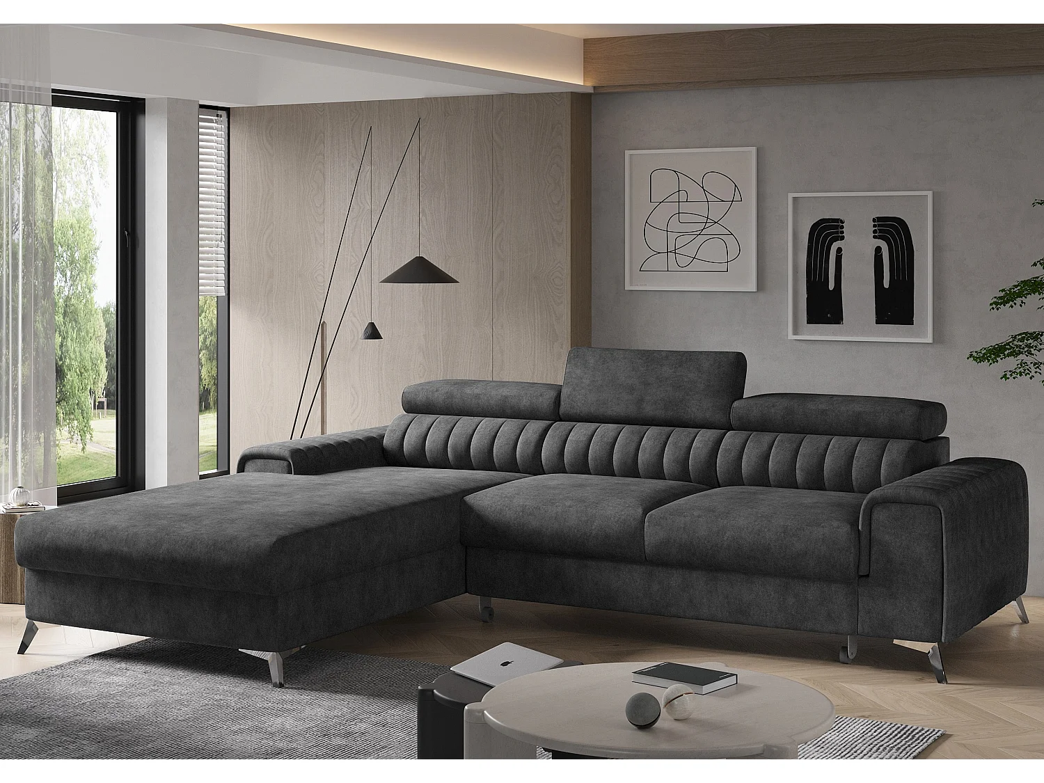 Canapé convertible angle gauche vintage tissu effet cuir noir Grenky 276cm