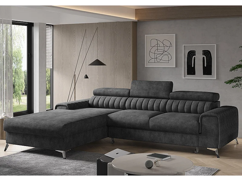 Canapé convertible angle gauche vintage tissu effet cuir noir Grenky 276cm