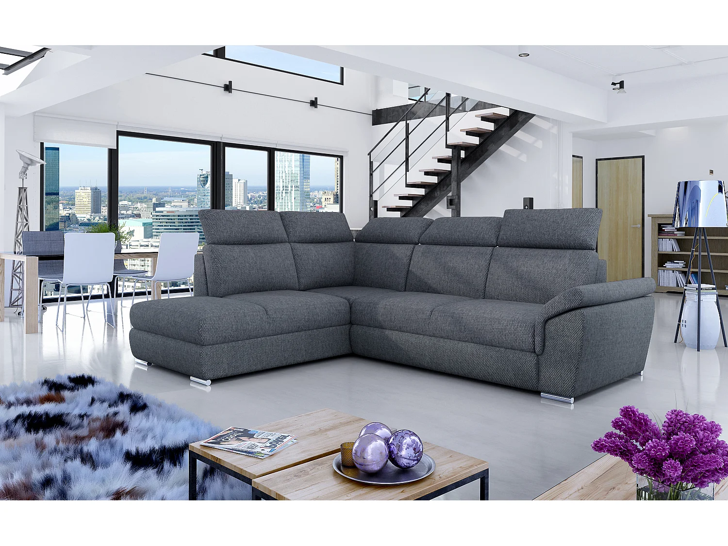 Canapé angle gauche convertible tissu doux gris foncé chiné avec appuis-tête réglables Kepita 260cm