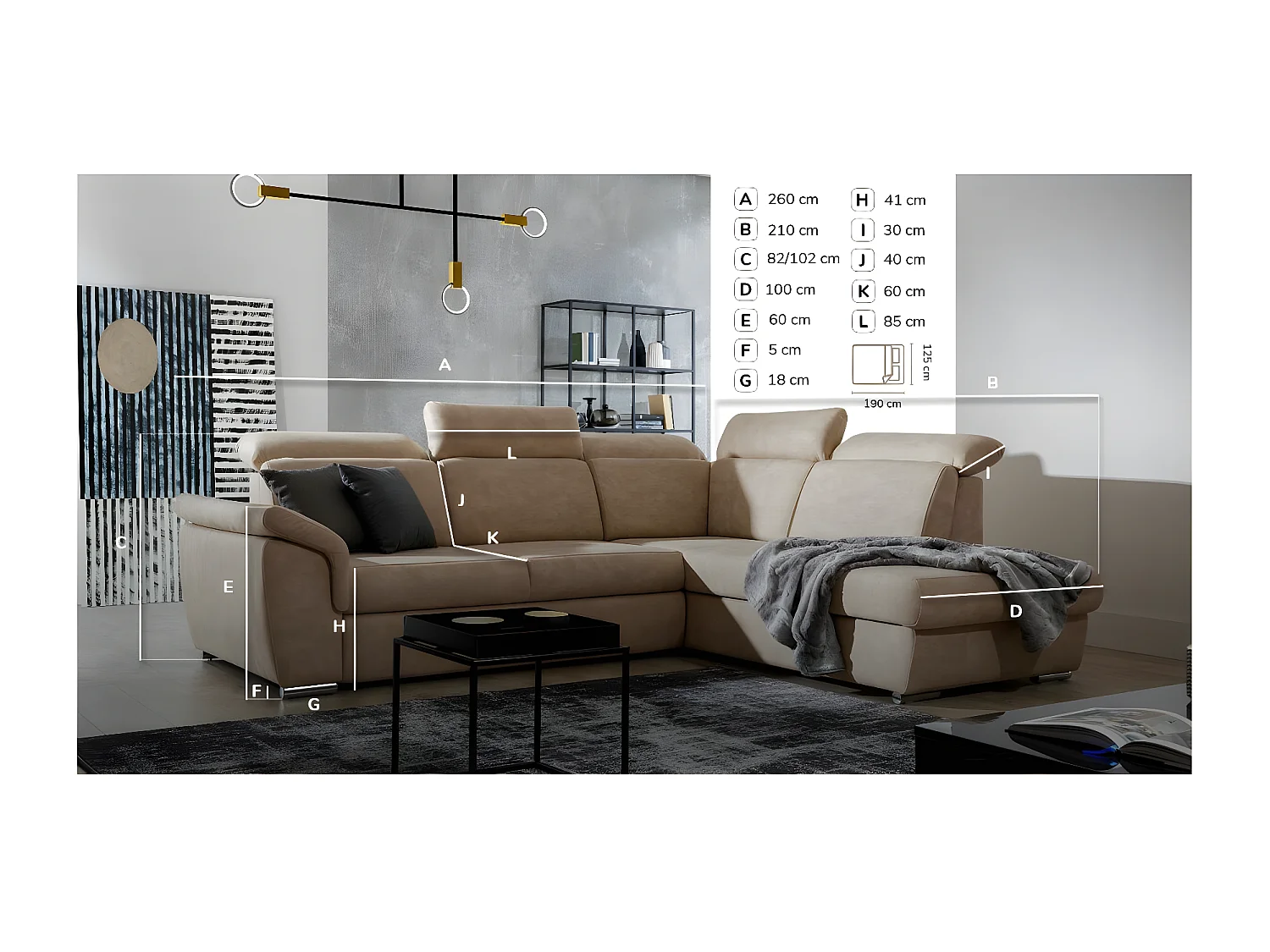 Canapé angle gauche convertible tissu doux gris foncé chiné avec appuis-tête réglables Kepita 260cm