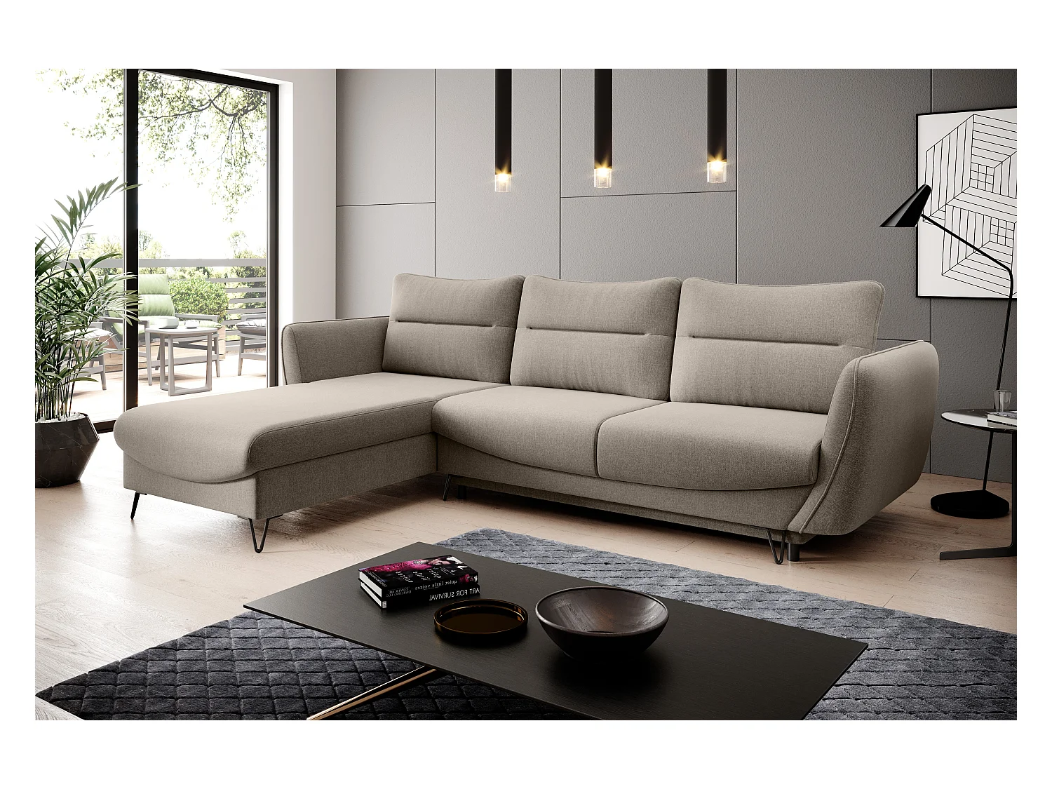 Canapé d'angle gauche convertible tissu beige Zurik 276cm