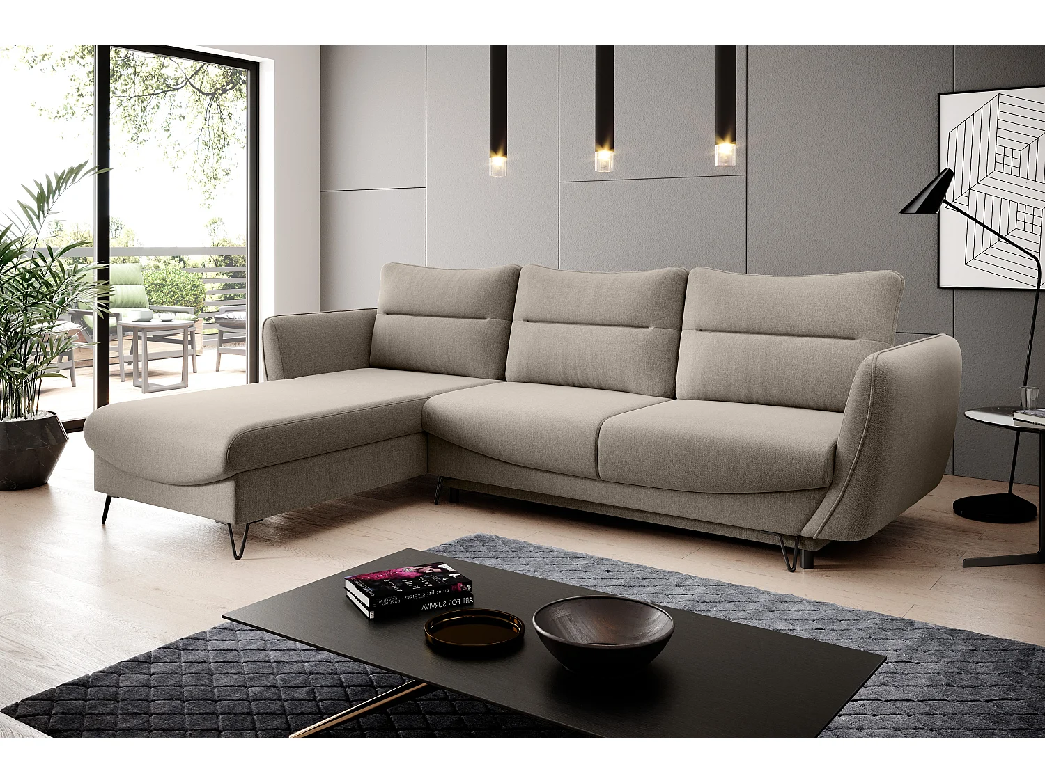 Canapé d'angle gauche convertible tissu beige Zurik 276cm