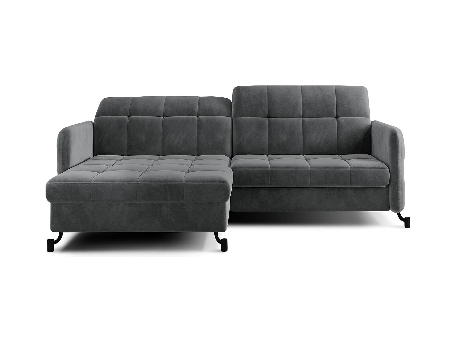 Canapé convertible angle gauche avec têtières réglables velours matelassé gris foncé Lory 225cm