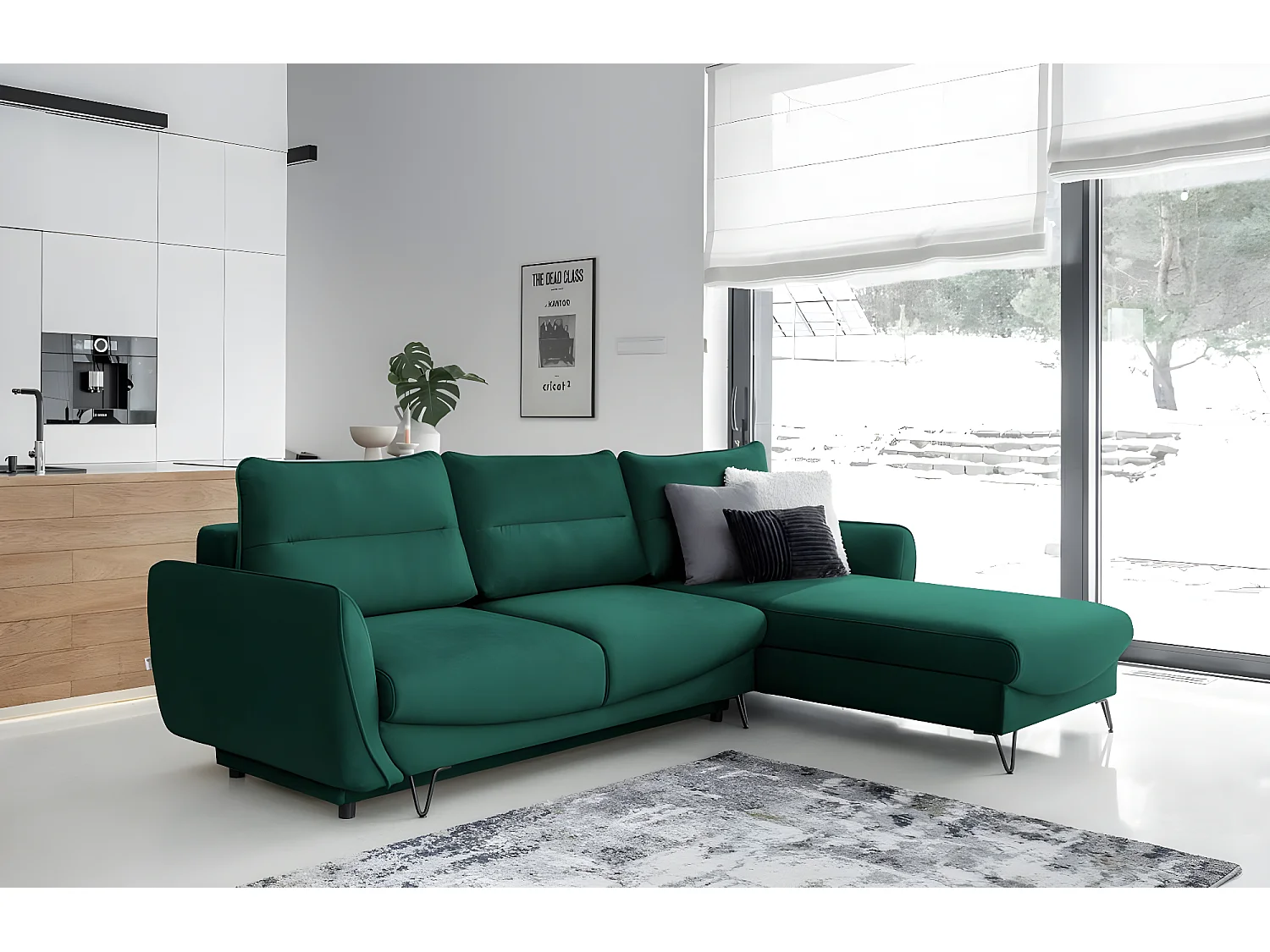 Canapé d'angle droit convertible tissu doux vert Zurik 276cm