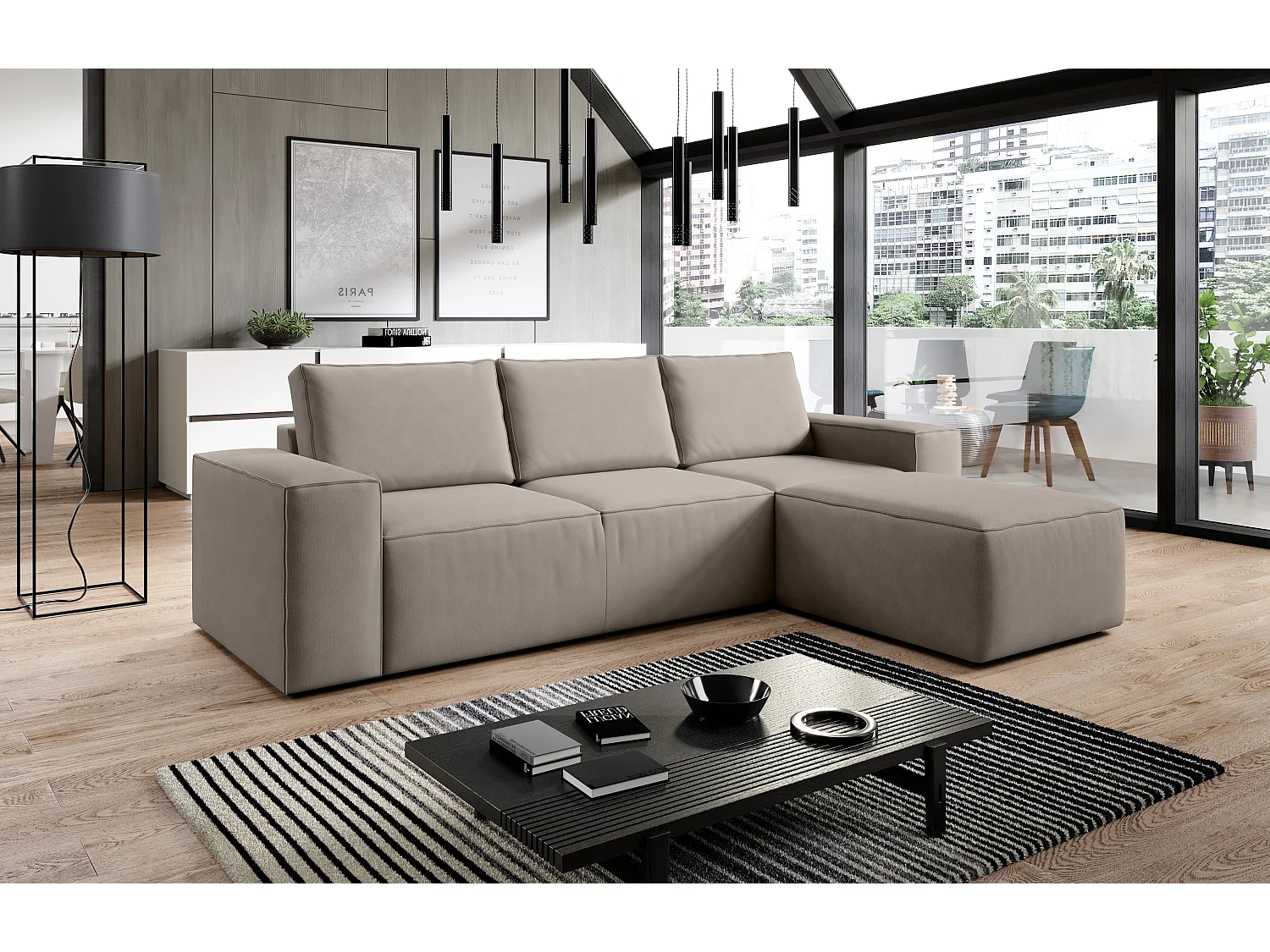 Willace moderne converteerbare hoekbank links beige stof 302 cm