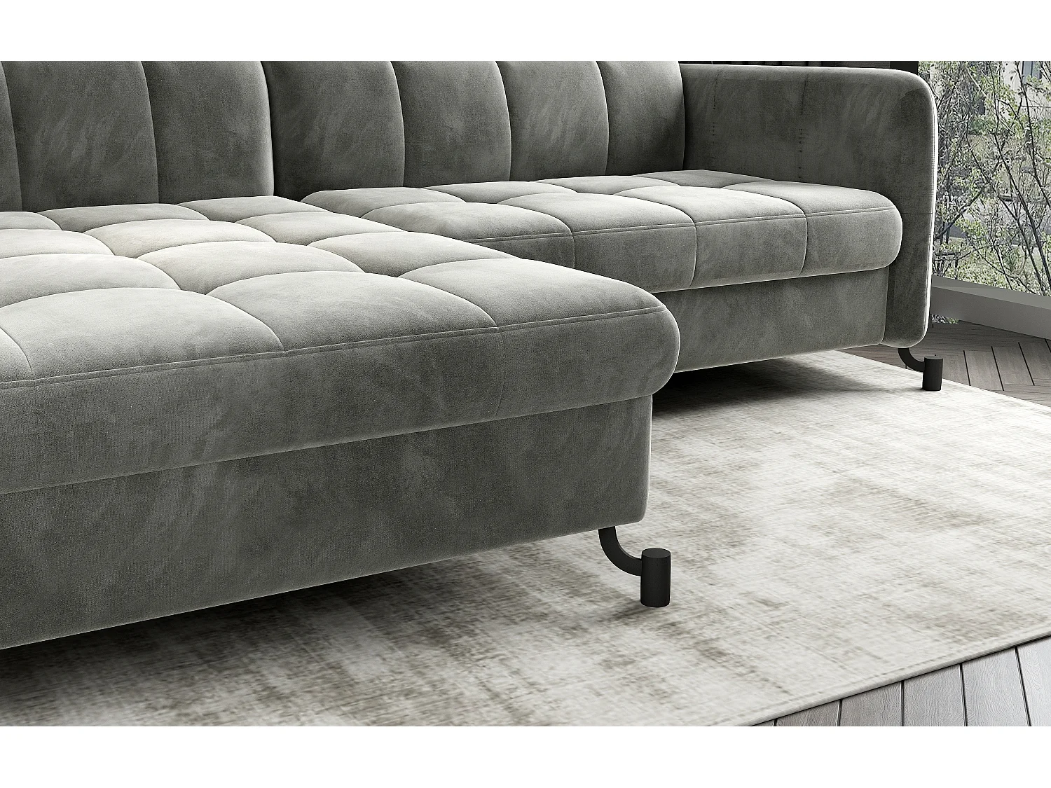 Canapé convertible angle gauche avec têtières réglables tissu matelassé jaune Lory 225cm