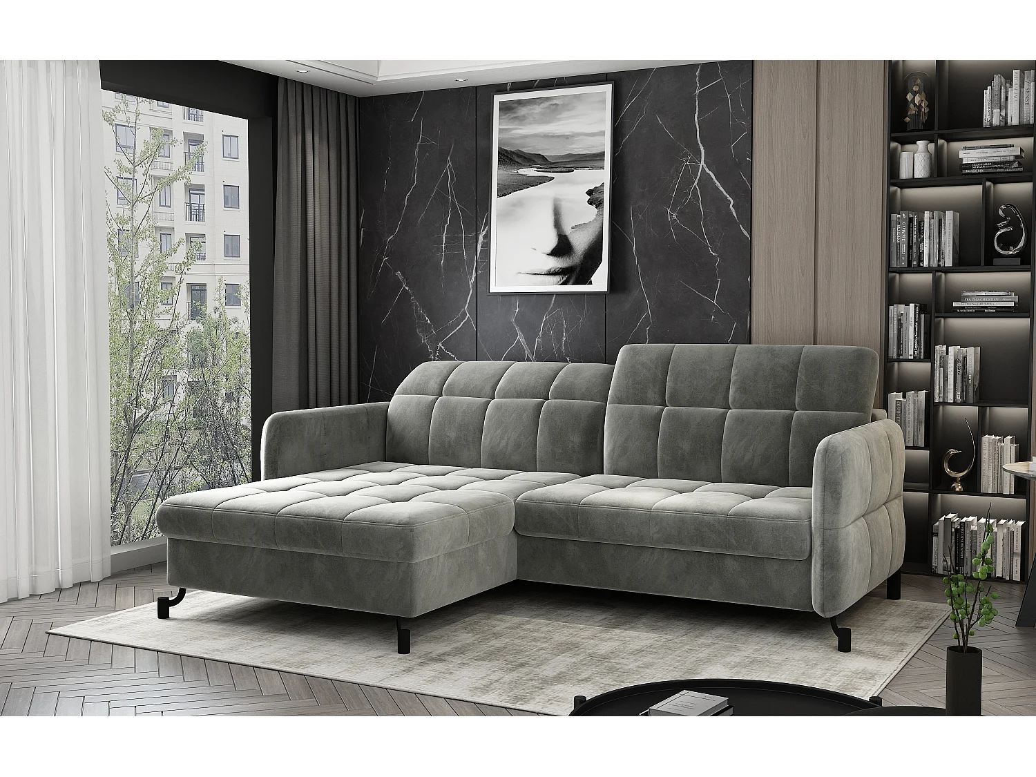 Canapé convertible angle gauche avec têtières réglables tissu matelassé jaune Lory 225cm