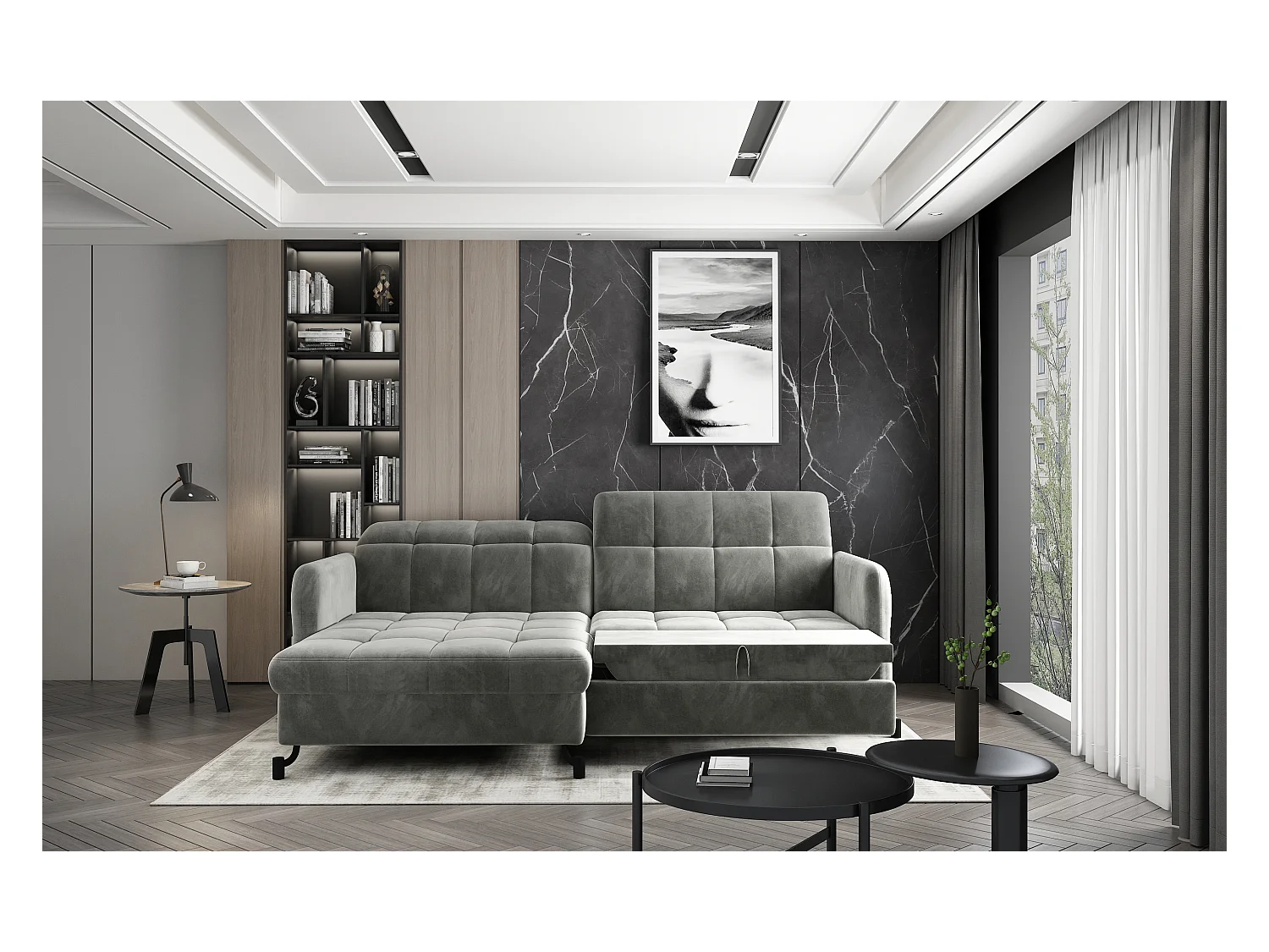 Canapé convertible angle gauche avec têtières réglables tissu matelassé jaune Lory 225cm