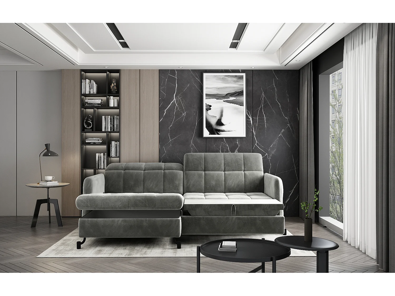 Canapé convertible angle gauche avec têtières réglables tissu matelassé jaune Lory 225cm