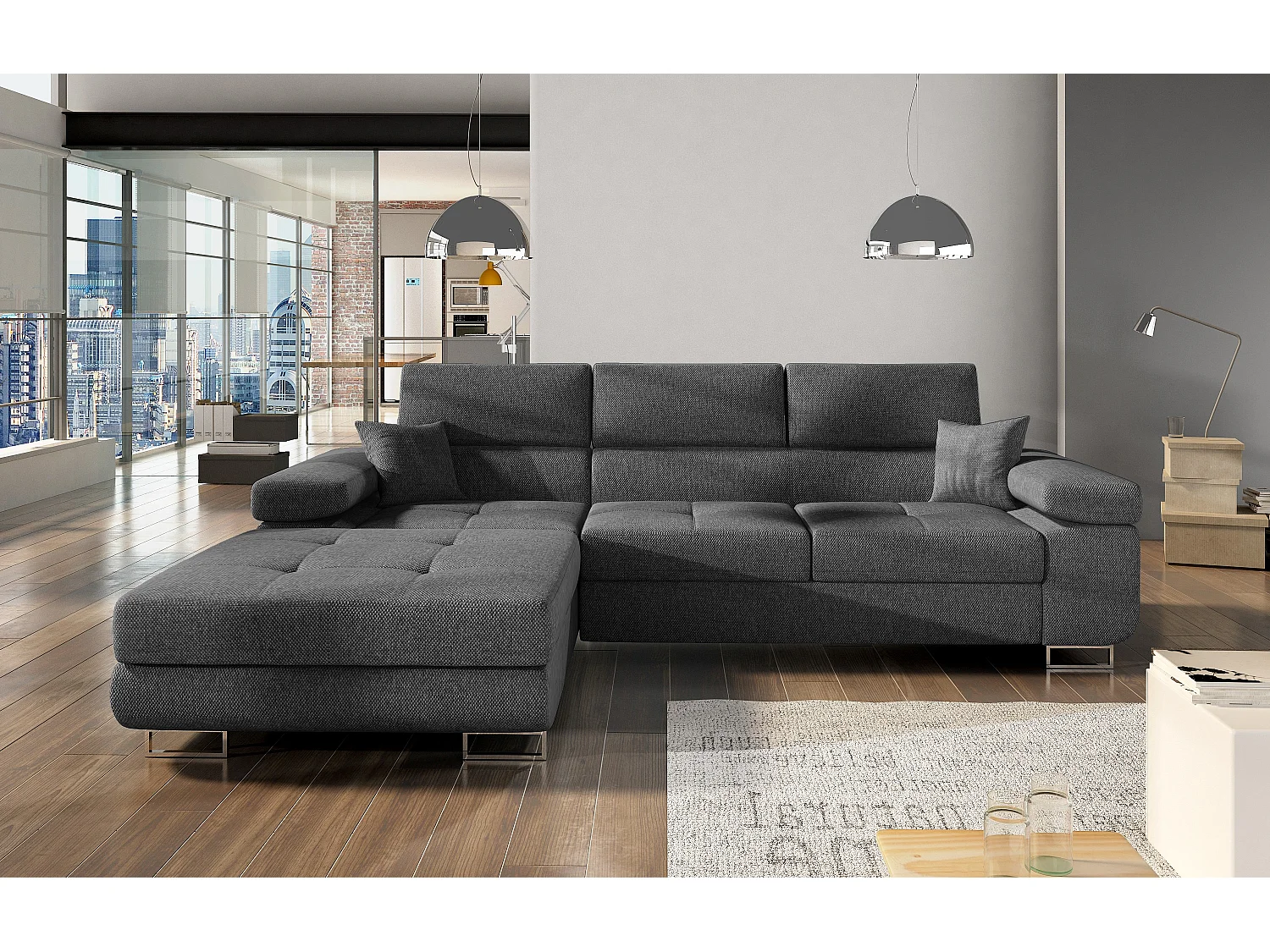 Canapé convertible d'angle gauche tissu gris foncé avec rangement Wile 280cm