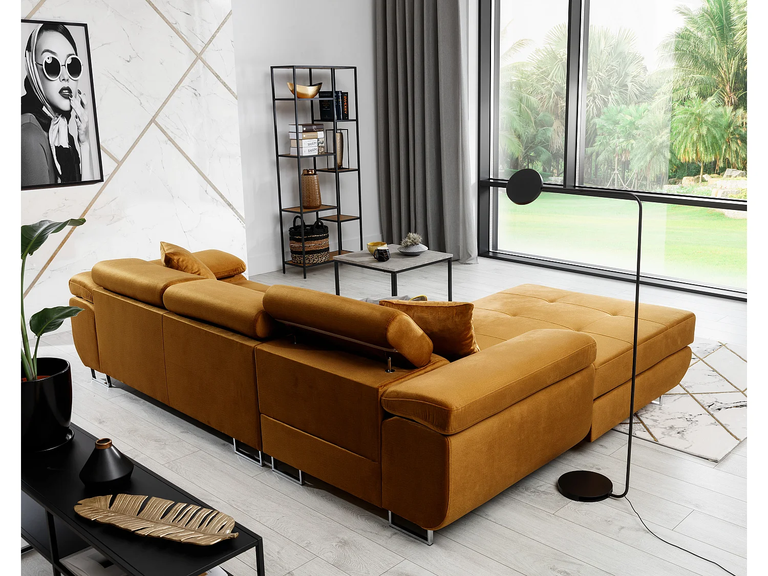 Canapé convertible d'angle gauche tissu gris foncé avec rangement Wile 280cm