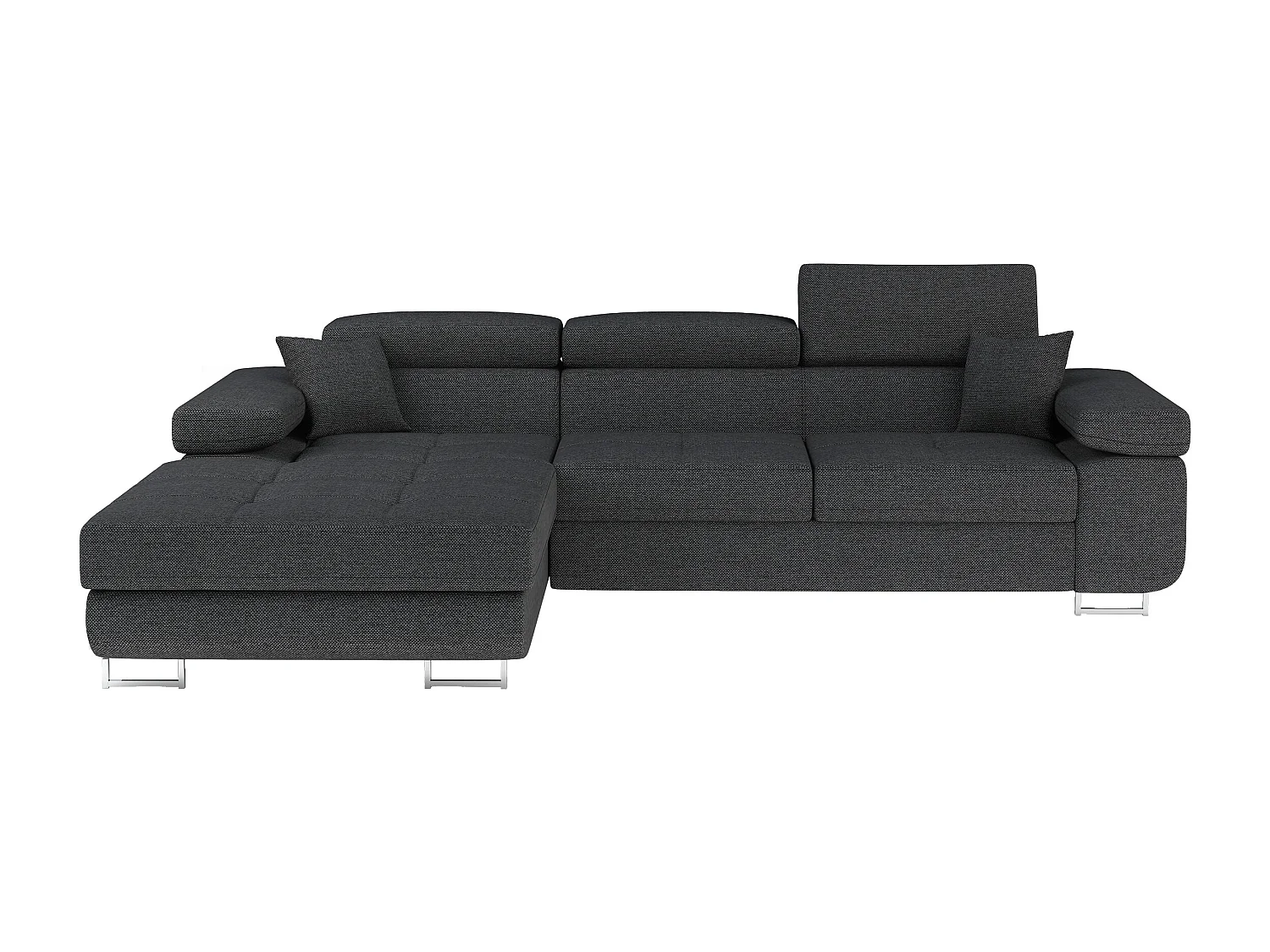 Canapé d'angle convertible tissu appuis-tête réglables KALIZO - Coffre et pieds acier chromé-Gris foncé-angle gauche