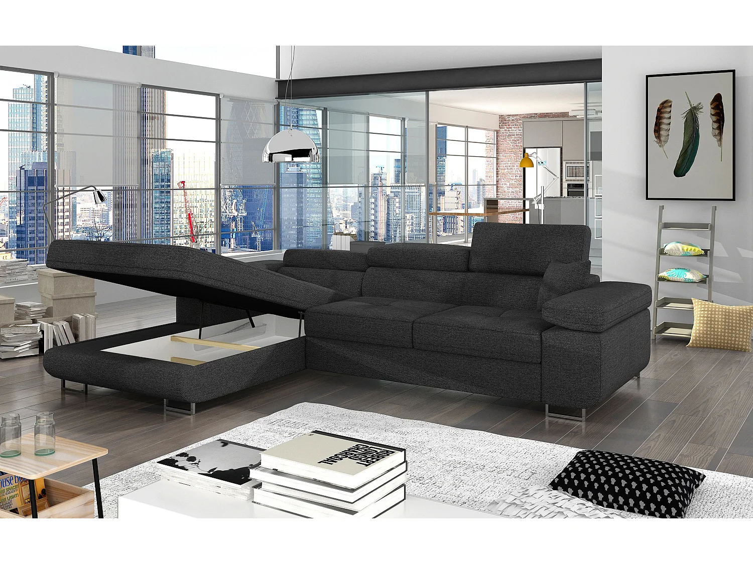 Canapé d'angle convertible tissu appuis-tête réglables KALIZO - Coffre et pieds acier chromé-Gris foncé-angle gauche