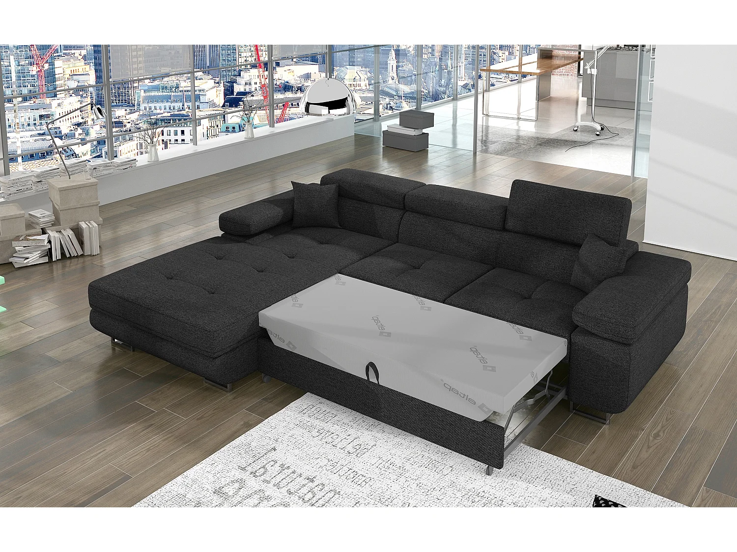 Canapé d'angle convertible tissu appuis-tête réglables KALIZO - Coffre et pieds acier chromé-Gris foncé-angle gauche