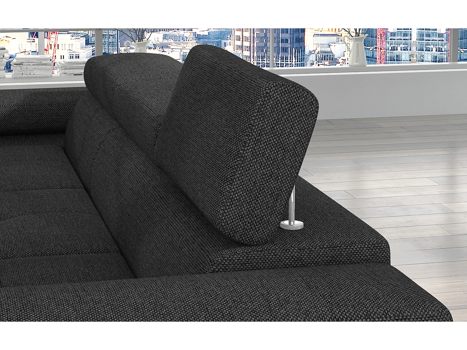 Canapé d'angle convertible tissu appuis-tête réglables KALIZO - Coffre et pieds acier chromé-Gris foncé-angle gauche