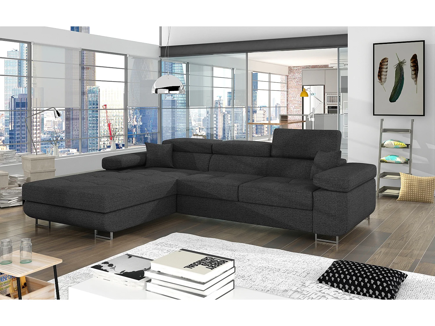 Canapé d'angle convertible tissu appuis-tête réglables KALIZO - Coffre et pieds acier chromé-Gris foncé-angle gauche