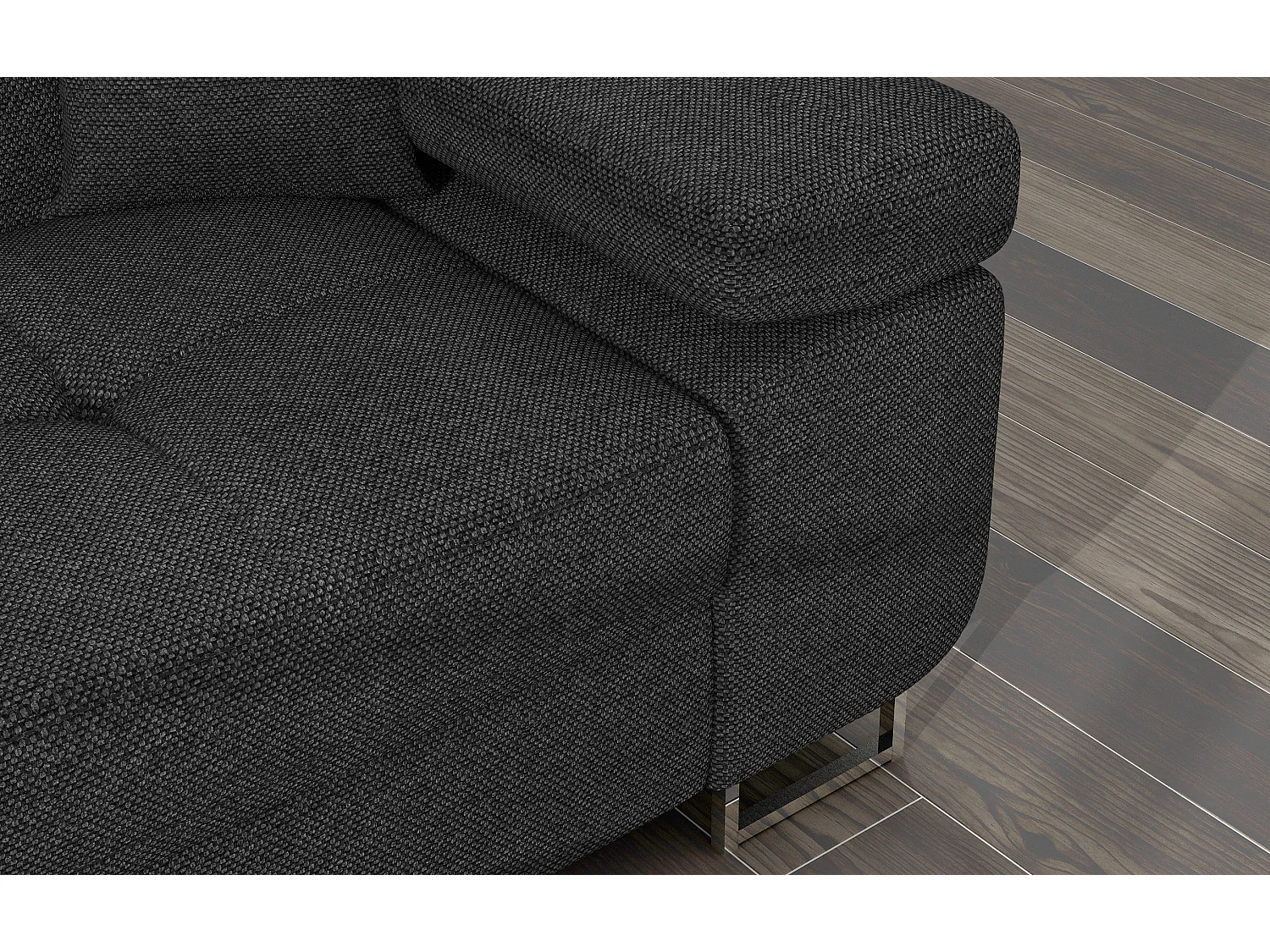 Canapé d'angle convertible tissu appuis-tête réglables KALIZO - Coffre et pieds acier chromé-Gris foncé-angle gauche