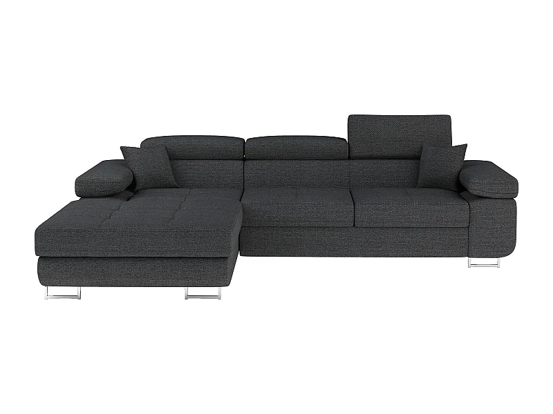 Canapé d'angle convertible tissu appuis-tête réglables KALIZO - Coffre et pieds acier chromé-Gris foncé-angle gauche