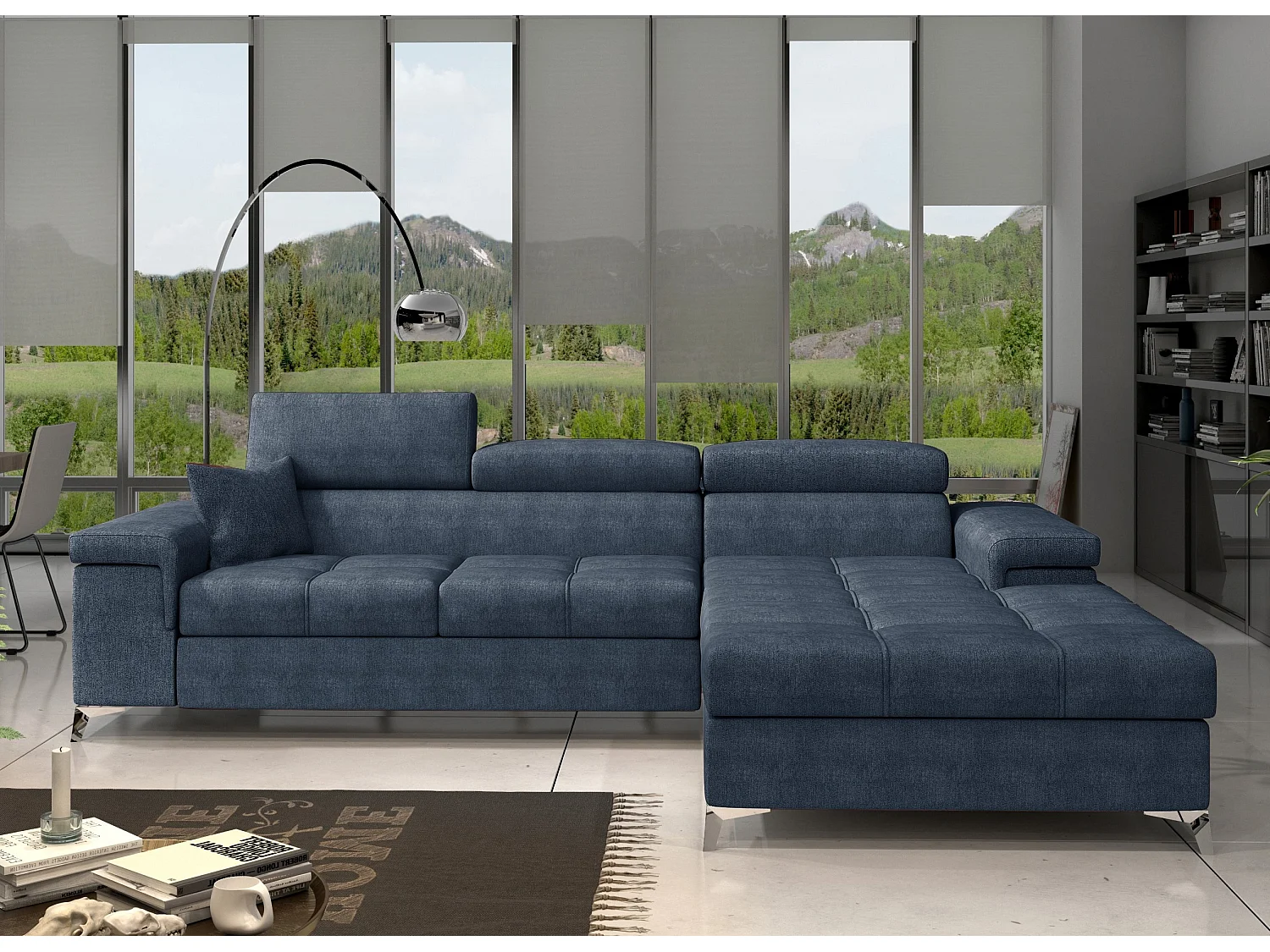 Canapé angle droit convertible tissu bleu minéral avec appuis-tête réglables Rikaro 280cm